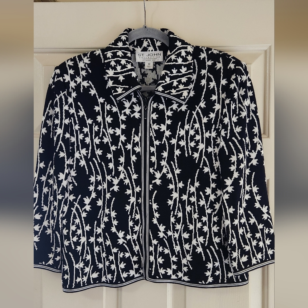 St. John Black & White Knit Zip Jacket